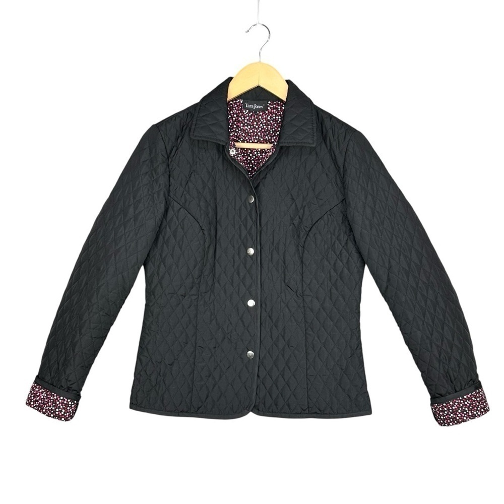 Tara Jones Womens Jacket Size 6 Black Polyester Quilted Snap Front Lined